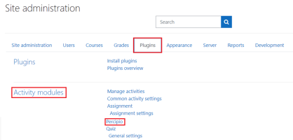 Percipio button under activity modules section on plugins tab